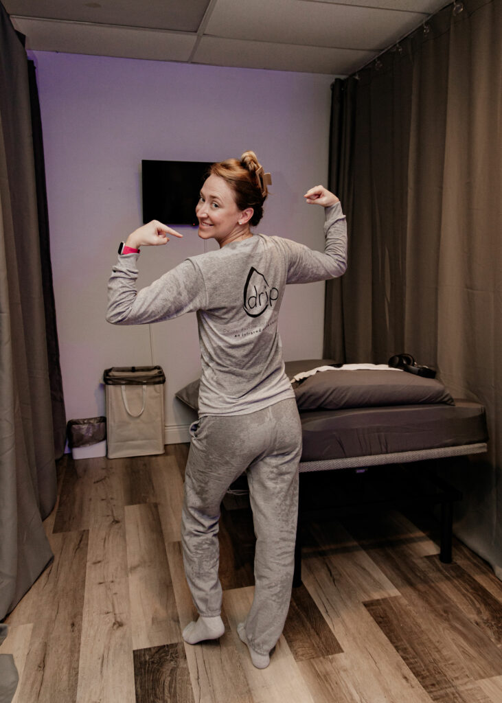 All clients are provided with a DRIP sweat suit to enhance their sweating experience.